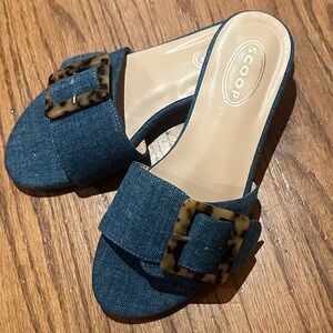 Denim Blue Slide Sandals with Tortoiseshell Buckle NWOB